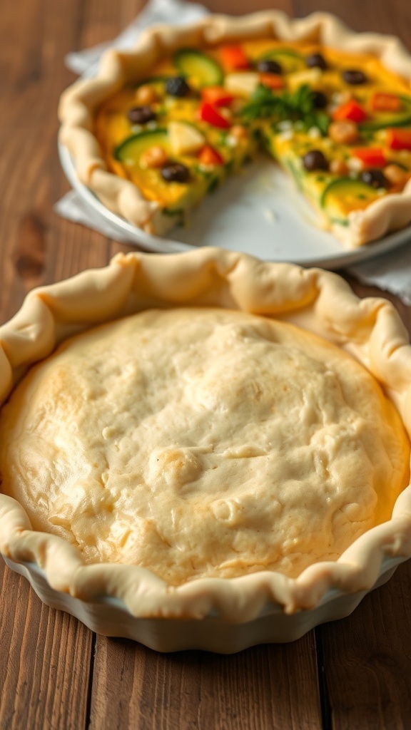 Easy Quiche Crust Recipe A golden flaky quiche crust in a pie dish with a slice of vegetable quiche in the background.